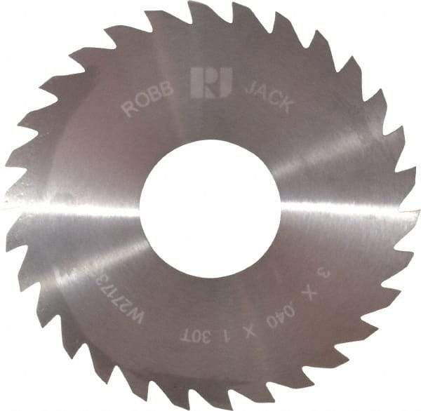 RobbJack - 3" Diam x 0.04" Blade Thickness x 1" Arbor Hole Diam, 30 Tooth Slitting and Slotting Saw - Arbor Connection, Right Hand, Uncoated, Solid Carbide, Concave Ground - A1 Tooling