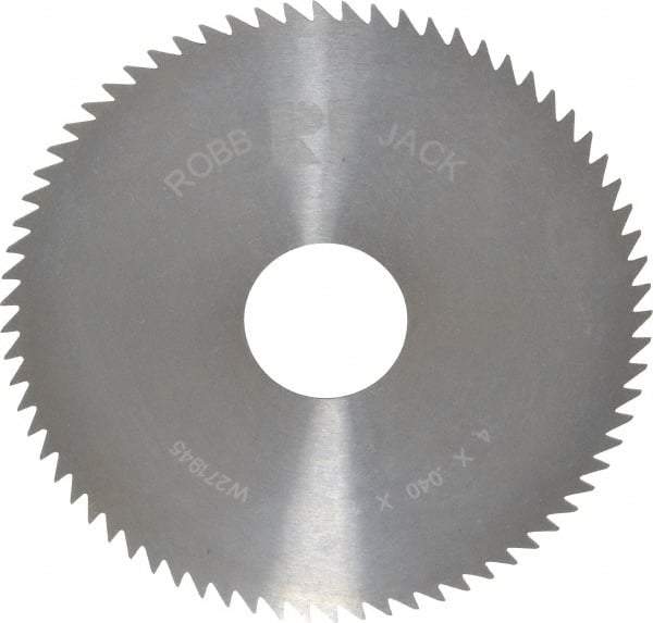 RobbJack - 4" Diam x 0.04" Blade Thickness x 1" Arbor Hole Diam, 72 Tooth Slitting and Slotting Saw - Arbor Connection, Right Hand, Uncoated, Solid Carbide, Concave Ground - A1 Tooling