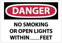 NMC - "Danger - No Smoking or Open Lights Within____feet", 10" Long x 14" Wide, Rigid Plastic Safety Sign - Rectangle, 0.05" Thick, Use for Accident Prevention - A1 Tooling