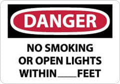 NMC - "Danger - No Smoking or Open Lights Within____feet", 10" Long x 14" Wide, Rigid Plastic Safety Sign - Rectangle, 0.05" Thick, Use for Accident Prevention - A1 Tooling