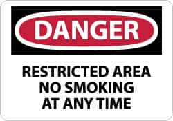 NMC - "Danger - Restricted Area - No Smoking at Any Time", 10" Long x 14" Wide, Rigid Plastic Safety Sign - Rectangle, 0.05" Thick, Use for Accident Prevention - A1 Tooling