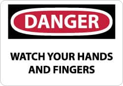 NMC - "Danger - Watch Your Hands and Fingers", 10" Long x 14" Wide, Rigid Plastic Safety Sign - Rectangle, 0.05" Thick, Use for Accident Prevention - A1 Tooling