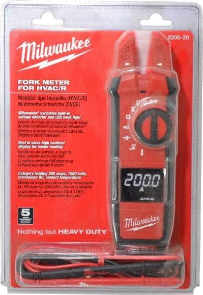 Milwaukee Tool - 2206-20, CAT IV, CAT III, Digital True RMS Clamp Meter with 0.63" Fork Jaws - 1000 VAC/VDC, 200 AC/DC Amps, Measures Voltage, Capacitance, Continuity, Current, Resistance, Temperature - A1 Tooling