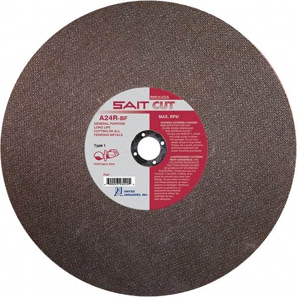 Sait - 12" 24 Grit Aluminum Oxide Cutoff Wheel - 1/8" Thick, 20mm Arbor, 6,300 Max RPM, Use with Portable Tools - A1 Tooling