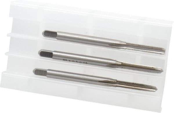 Hertel - M3x0.50 Metric Coarse, 3 Flute, Bottoming, Plug & Taper, Bright Finish, High Speed Steel Tap Set - 1-15/16" OAL, 6H Class of Fit - A1 Tooling