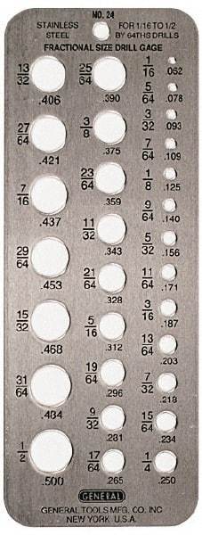 General - #60 Wire to #1 Wire Hole Size Drill Gage - 6-1/2 Inch Long, 2-1/2 Inch Wide, 60 Holes - A1 Tooling