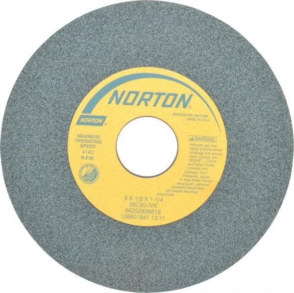 Norton - 6" Diam x 1-1/4" Hole x 1/2" Thick, I Hardness, 60 Grit Surface Grinding Wheel - Silicon Carbide, Type 1, Medium Grade, 4,140 Max RPM, Vitrified Bond, No Recess - A1 Tooling