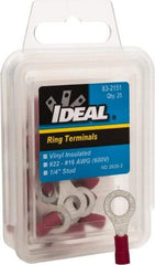 Ideal - 22-18 AWG Partially Insulated Crimp Connection Circular Ring Terminal - 1/4" Stud, 1.055" OAL x 0.394" Wide, Tin Plated Brass Contact - A1 Tooling