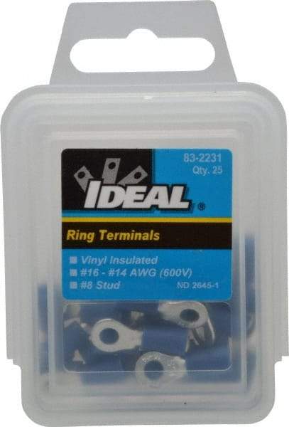 Ideal - 16-14 AWG Partially Insulated Crimp Connection Circular Ring Terminal - #8 Stud, 0.858" OAL x 0.394" Wide, Tin Plated Brass Contact - A1 Tooling