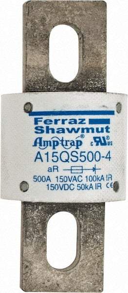 Ferraz Shawmut - 150 VAC/VDC, 500 Amp, Fast-Acting Semiconductor/High Speed Fuse - Bolt-on Mount, 3-1/2" OAL, 100 at AC, 50 at DC kA Rating, 1-1/2" Diam - A1 Tooling