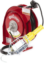 Reelcraft - 16 AWG, 50' Cable Length, Cord & Cable Reel with Incandescent Hand Lamp End - 1 Outlet, NEMA 5-15R, 13 Amps, 125 Volts, SJTOW Cable, Red Reel - A1 Tooling