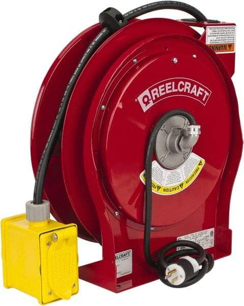 Reelcraft - 12 AWG, 50' Cable Length, Cord & Cable Reel with Duplex GFCI Outlet Box End - 2 Outlets, NEMA 5-15R, 15 Amps, 125 Volts, SEOOW Cable, Red Reel - A1 Tooling