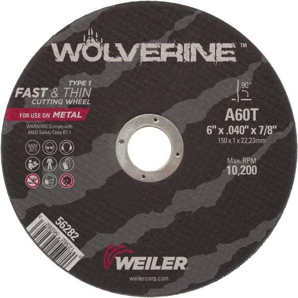 Weiler - 6" 60 Grit Aluminum Oxide Cutoff Wheel - 0.04" Thick, 7/8" Arbor, 10,200 Max RPM, Use with Angle Grinders - A1 Tooling