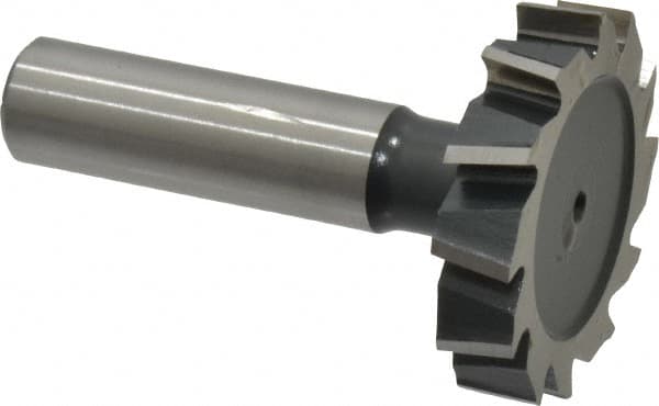 Interstate - 1-1/2" Diam x 5/16" Face Width, High Speed Steel, 12 Teeth, Shank Connection Woodruff Keyseat Cutter - Uncoated, 2-5/16" OAL x 1/2" Shank, Staggered Teeth, ANSI 1012, Old Standard 25 - A1 Tooling