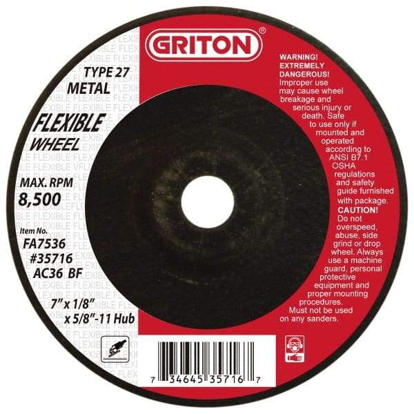 Value Collection - 36 Grit, 7" Wheel Diam, 1/8" Wheel Thickness, Type 27 Depressed Center Wheel - Aluminum Oxide, 8,500 Max RPM - A1 Tooling