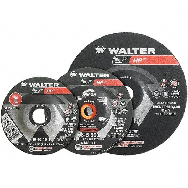 WALTER Surface Technologies - 24 Grit, 7" Wheel Diam, 1/4" Wheel Thickness, Type 28 Depressed Center Wheel - Aluminum Oxide, Resinoid Bond, 8,600 Max RPM - A1 Tooling