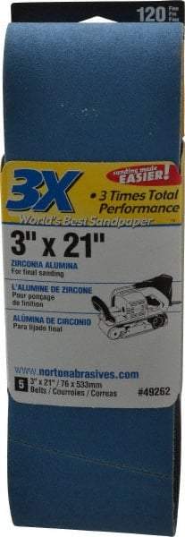 Norton - 3" Wide x 21" OAL, 120 Grit, Zirconia Alumina Abrasive Belt - Zirconia Alumina, Fine, Coated, Y Weighted Cloth Backing, Series 3X - A1 Tooling