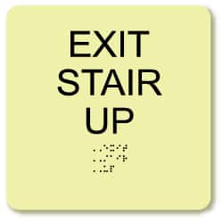 NMC - Exit Stair Up, Plastic Exit Sign - 8" Wide x 8" High, English/Braille, Glow-in-the-Dark - A1 Tooling