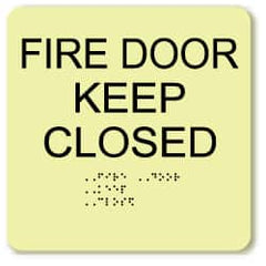 NMC - Fire Door - Keep Closed, Plastic Fire Sign - 8" Wide x 8" High, English/Braille, Glow-in-the-Dark - A1 Tooling