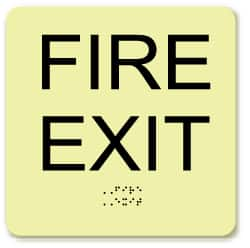 NMC - Fire Exit, Plastic Fire Sign - 8" Wide x 8" High, English/Braille, Glow-in-the-Dark - A1 Tooling