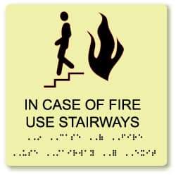 NMC - In Case of Fire - Use Stairway, Plastic Fire Sign - 8" Wide x 8" High, English/Braille, Glow-in-the-Dark - A1 Tooling