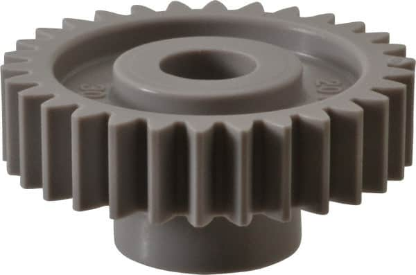 Made in USA - 20 Pitch, 1-1/2" Pitch Diam, 1.6" OD, 30 Tooth Spur Gear - 3/8" Face Width, 3/8" Bore Diam, 47/64" Hub Diam, 20° Pressure Angle, Acetal - A1 Tooling