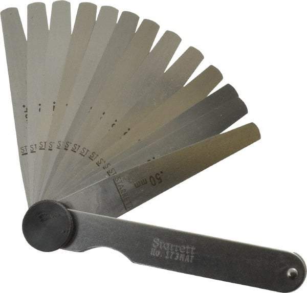 Starrett - 13 Piece, 0.03 to 0.5mm Tapered Feeler Gage Set - 77mm Long x 7 to 12.7mm Wide (Tapered), Tempered Steel - A1 Tooling