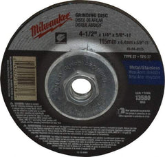 Milwaukee Tool - 24 Grit, 4-1/2" Wheel Diam, 1/4" Wheel Thickness, Type 27 Depressed Center Wheel - Aluminum Oxide, Resinoid Bond, R Hardness, 13,580 Max RPM, Compatible with Angle Grinder - A1 Tooling