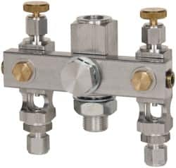 LDI Industries - 5/8-18 Outlet Thread, 1/4 Inlet Thread, Aluminum, Straight Valve, Oil Reservoir Needle Valve Manifold - 2 Outlet, 4-3/16" Wide, NPTF Inlet Thread, UNF Outlet Thread - A1 Tooling