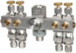 LDI Industries - 5/8-18 Outlet Thread, 1/4 Inlet Thread, Aluminum, Straight Valve, Oil Reservoir Needle Valve Manifold - 4 Outlet, 5-11/16" Wide, NPTF Inlet Thread, UNF Outlet Thread - A1 Tooling