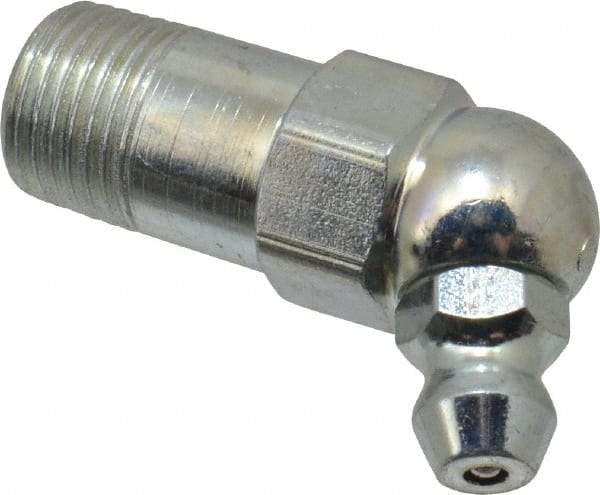 Alemite - 65° Head Angle, 1/8 PTF Carbon Steel Standard Grease Fitting - 7/16" Hex, 1-7/32" Overall Height, 9/16" Shank Length, 10,000 Operating psi, Zinc Plated Finish - A1 Tooling