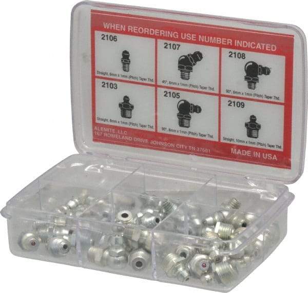 Alemite - 44 Piece, Metric, Box Grease Fitting Set - Includes Metric Thread Types, Includes M10x1: (10) Straight, M6x1: (10) Straight, (6) 45°, (6) 90°, M8x1: (6) Straight, (6) 90° - A1 Tooling