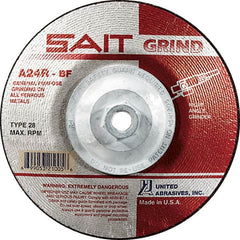 Sait - 24 Grit, 4-1/2" Wheel Diam, 1/4" Wheel Thickness, Type 28 Depressed Center Wheel - Aluminum Oxide, Resinoid Bond, R Hardness, 13,300 Max RPM, Compatible with Angle Grinder - A1 Tooling