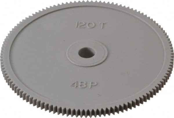 Made in USA - 48 Pitch, 2-1/2" Pitch Diam, 2.542" OD, 120 Tooth Spur Gear - 1/8" Face Width, 1/4" Bore Diam, 39/64" Hub Diam, 20° Pressure Angle, Acetal - A1 Tooling