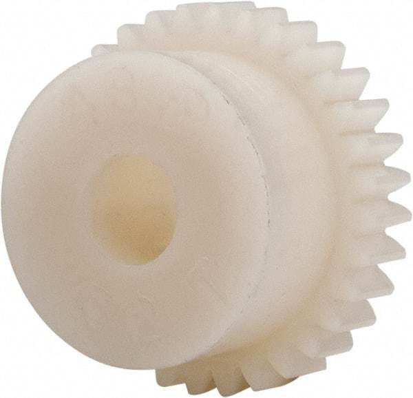 Made in USA - 48 Pitch, 0.667" Pitch Diam, 0.708" OD, 32 Tooth Spur Gear - 1/8" Face Width, 3/16" Bore Diam, 35/64" Hub Diam, 20° Pressure Angle, Acetal - A1 Tooling