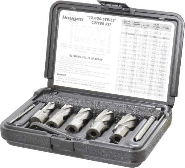 Hougen - 8 Piece, 9/16 to 1-1/16" Cutter Diam, 1" Cutting Depth, High Speed Steel Annular Cutter Set - Bright Finish, 3/4" Shank Diam, 9/16, 11/16, 13/16, 15/16, 1-1/16" Cutter Diams, 2 Flats on Shank - A1 Tooling