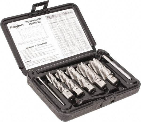 Hougen - 8 Piece, 9/16 to 1-1/16" Cutter Diam, 2" Cutting Depth, High Speed Steel Annular Cutter Set - Bright Finish, 3/4" Shank Diam, 9/16, 11/16, 13/16, 15/16, 1-1/16" Cutter Diams, 2 Flats on Shank - A1 Tooling