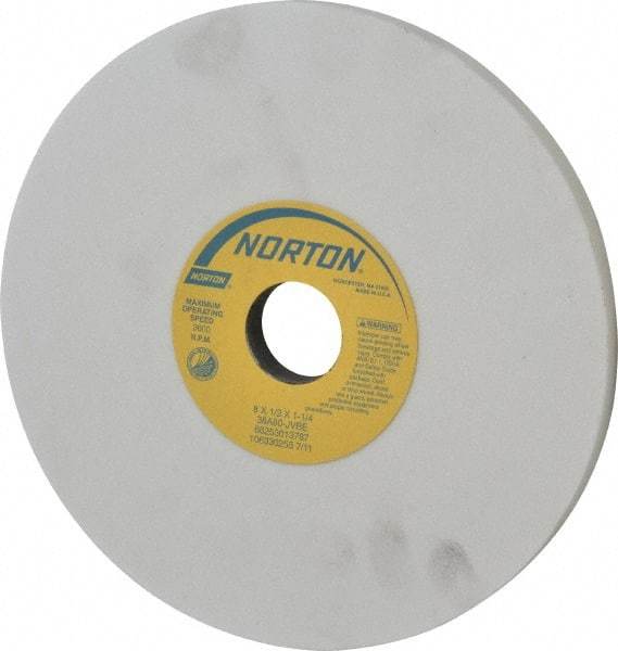 Norton - 8" Diam x 1-1/4" Hole x 1/2" Thick, J Hardness, 80 Grit Surface Grinding Wheel - Aluminum Oxide, Type 1, Medium Grade, 3,600 Max RPM, Vitrified Bond, No Recess - A1 Tooling