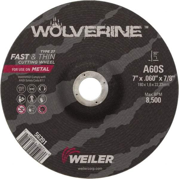 Weiler - 60 Grit, 7" Wheel Diam, 7/8" Arbor Hole, Type 27 Depressed Center Wheel - Medium Grade, Aluminum Oxide, Resinoid Bond, S Hardness, 8,500 Max RPM - A1 Tooling