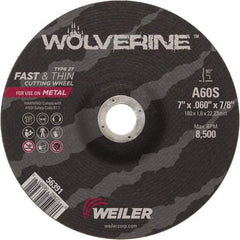 Weiler - 60 Grit, 7" Wheel Diam, 7/8" Arbor Hole, Type 27 Depressed Center Wheel - Medium Grade, Aluminum Oxide, Resinoid Bond, S Hardness, 8,500 Max RPM - A1 Tooling