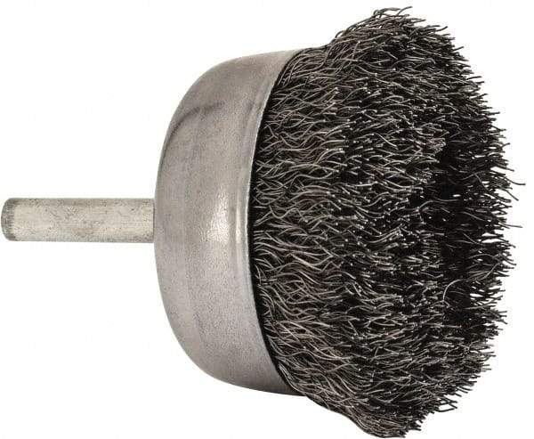 Made in USA - 2-1/4" Diam, 1/4" Shank Crimped Wire Steel Cup Brush - 0.0104" Filament Diam, 5/8" Trim Length, 13,000 Max RPM - A1 Tooling