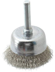 Made in USA - 1-3/4" Diam, 1/4" Shank Crimped Wire Stainless Steel Cup Brush - 0.006" Filament Diam, 3/4" Trim Length, 13,000 Max RPM - A1 Tooling