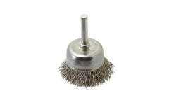 Made in USA - 1-3/4" Diam, 1/4" Shank Crimped Wire Stainless Steel Cup Brush - 0.014" Filament Diam, 3/4" Trim Length, 13,000 Max RPM - A1 Tooling