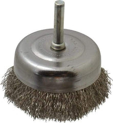 Made in USA - 2-3/4" Diam, 1/4" Shank Crimped Wire Stainless Steel Cup Brush - 0.0118" Filament Diam, 7/8" Trim Length, 13,000 Max RPM - A1 Tooling