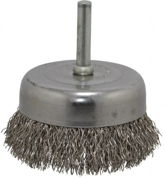Made in USA - 2-3/4" Diam, 1/4" Shank Crimped Wire Stainless Steel Cup Brush - 0.014" Filament Diam, 7/8" Trim Length, 13,000 Max RPM - A1 Tooling