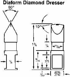 Made in USA - 0.015" Radius Single Point Diaform Diamond Dresser - 1-3/4" Long x 1/4" Shank Diam, 60° Included Angle - A1 Tooling