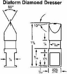 Made in USA - 0.015" Radius Single Point Diaform Diamond Dresser - 1-3/8" Long x 1/4" Shank Diam, 60° Included Angle - A1 Tooling