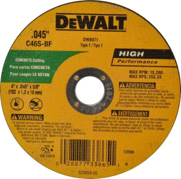 DeWALT - 4" 46 Grit Silicon Carbide Cutoff Wheel - 0.045" Thick, 5/8" Arbor, 15,200 Max RPM, Use with Circular Saws - A1 Tooling