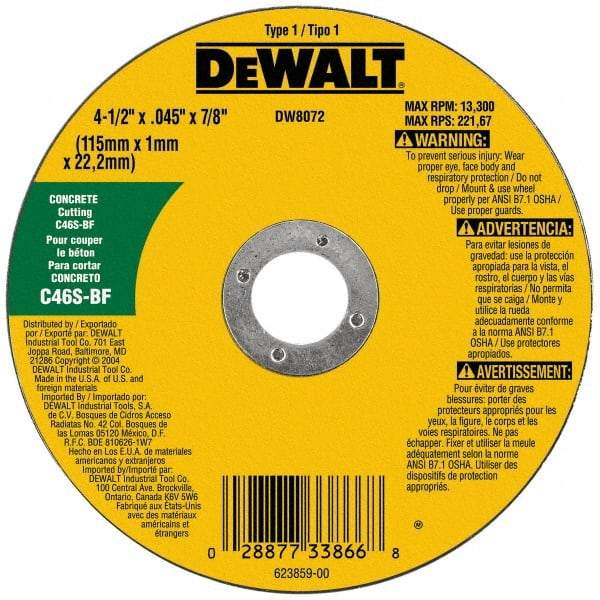 DeWALT - 4-1/2" 30 Grit Silicon Carbide Cutoff Wheel - 0.045" Thick, 7/8" Arbor, 13,300 Max RPM, Use with Angle Grinders - A1 Tooling