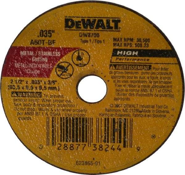 DeWALT - 2-1/2" 60 Grit Aluminum Oxide Cutoff Wheel - 0.035" Thick, 3/8" Arbor, 30,500 Max RPM, Use with Circular Saws - A1 Tooling